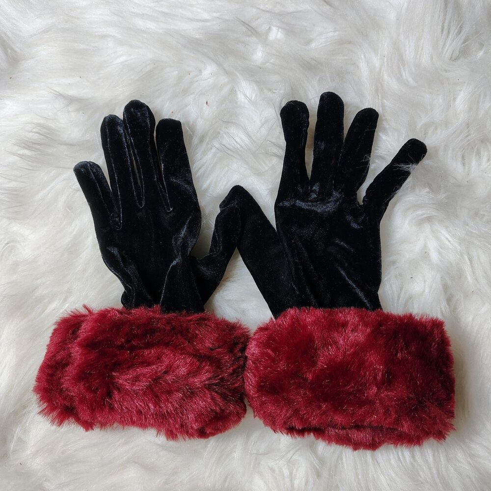 Retro Blk Classy Velvet VTG Gloves W Red Faux Fur Cuff/RT1